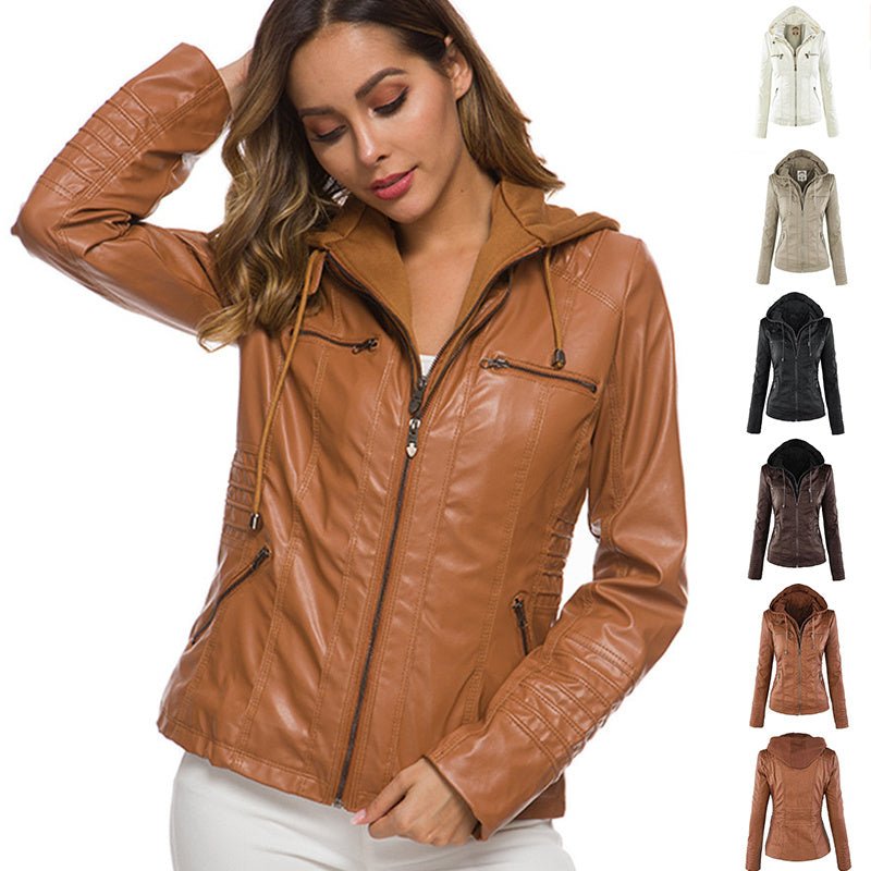 Veste à capuche amovible tendance avec poches, décontractée, couleur unie, fermeture éclair, manches longues, manteau en cuir, vêtements pour femmes, automne - hiver - KaoKao