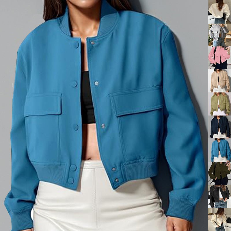 Veste à col montant boutonnée tendance avec grandes poches, vêtement d'extérieur décontracté, ample et court pour femme - KaoKao
