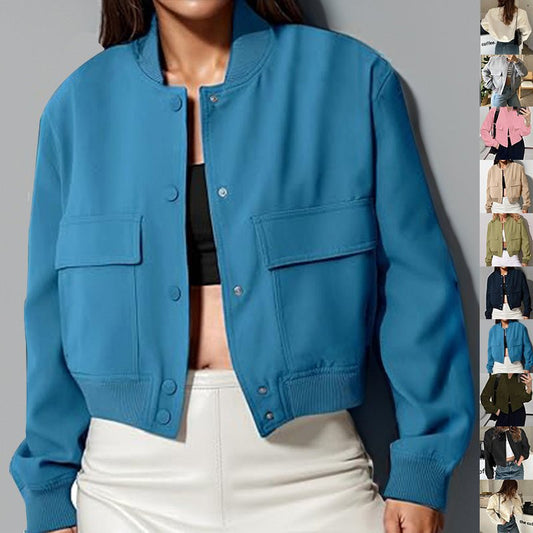 Veste à col montant boutonnée tendance avec grandes poches, vêtement d'extérieur décontracté, ample et court pour femme - KaoKao