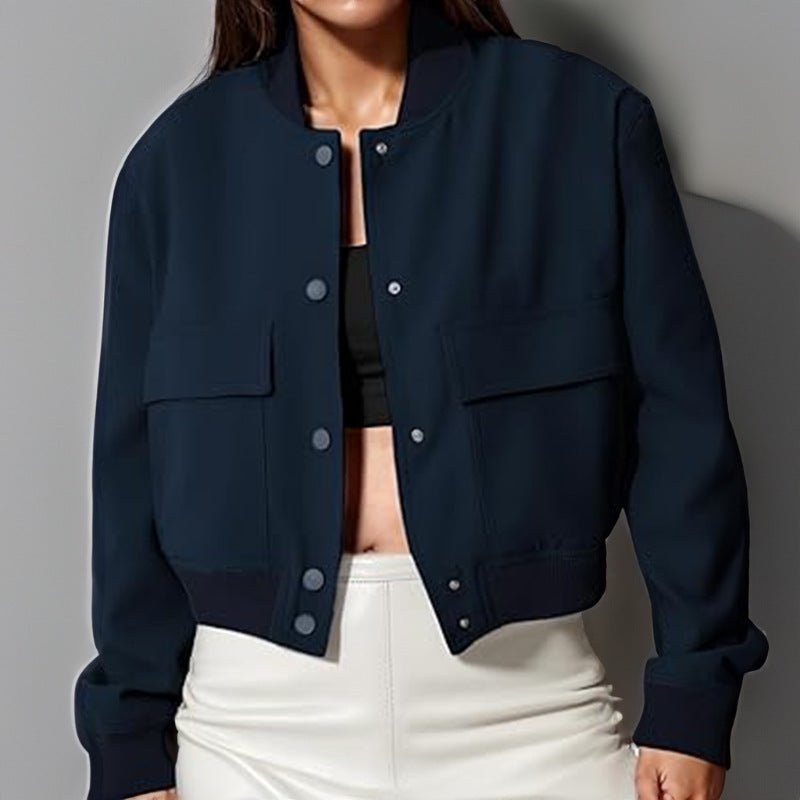 Veste à col montant boutonnée tendance avec grandes poches, vêtement d'extérieur décontracté, ample et court pour femme - KaoKao