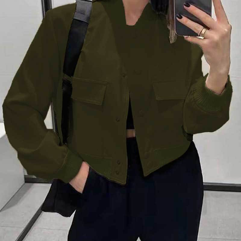 Veste à col montant boutonnée tendance avec grandes poches, vêtement d'extérieur décontracté, ample et court pour femme - KaoKao