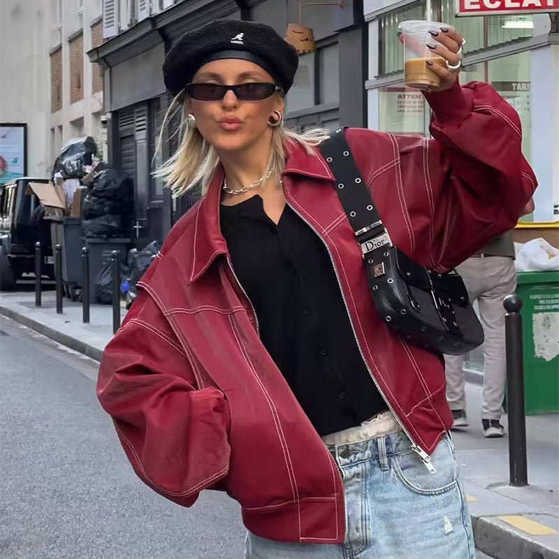 Veste ample à revers et fermeture éclair pour femme, style motard, manches longues, en cuir - KaoKao