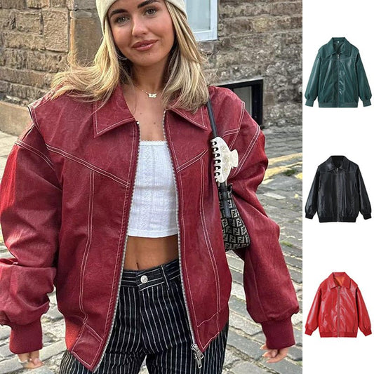 Veste ample à revers et fermeture éclair pour femme, style motard, manches longues, en cuir - KaoKao