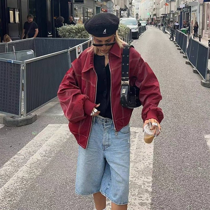 Veste ample à revers et fermeture éclair pour femme, style motard, manches longues, en cuir - KaoKao