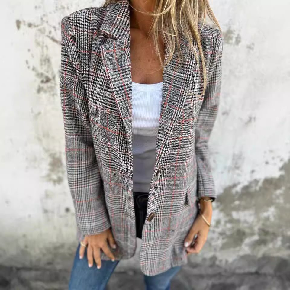 Veste de costume décontractée à motif pied - de - poule rétro pour femme - KaoKao