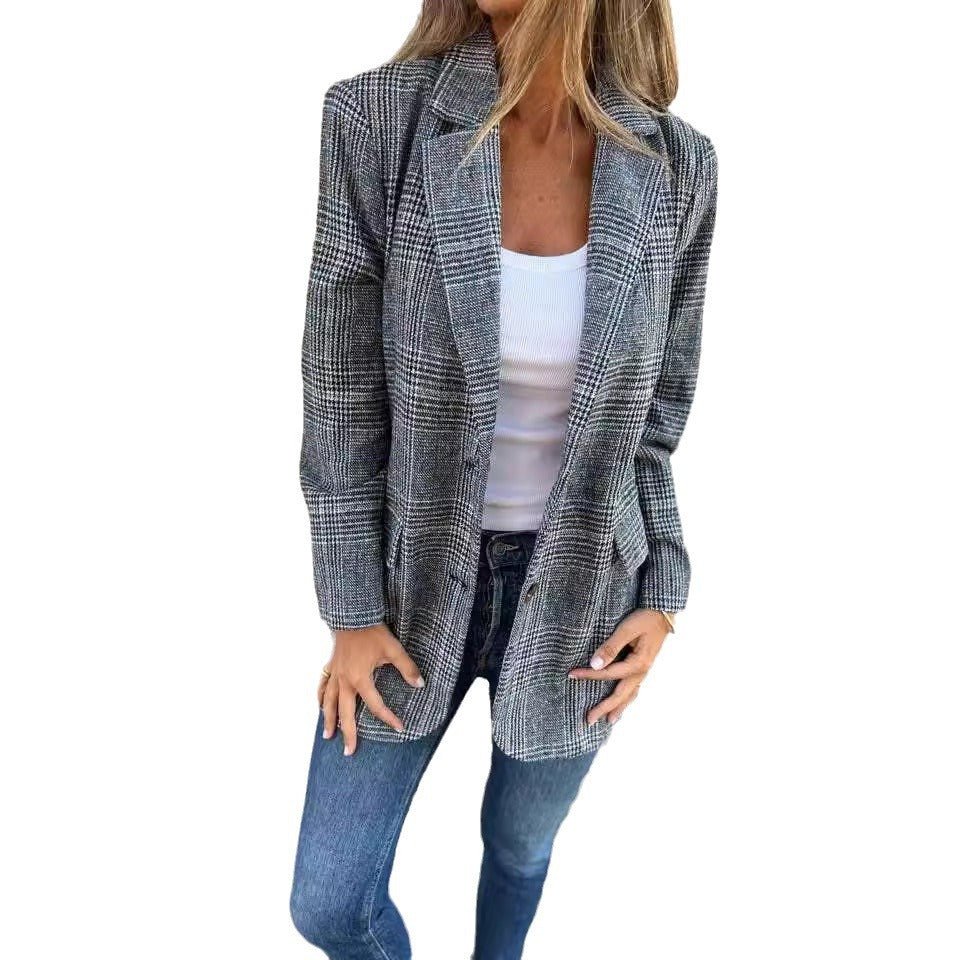 Veste de costume décontractée à motif pied - de - poule rétro pour femme - KaoKao
