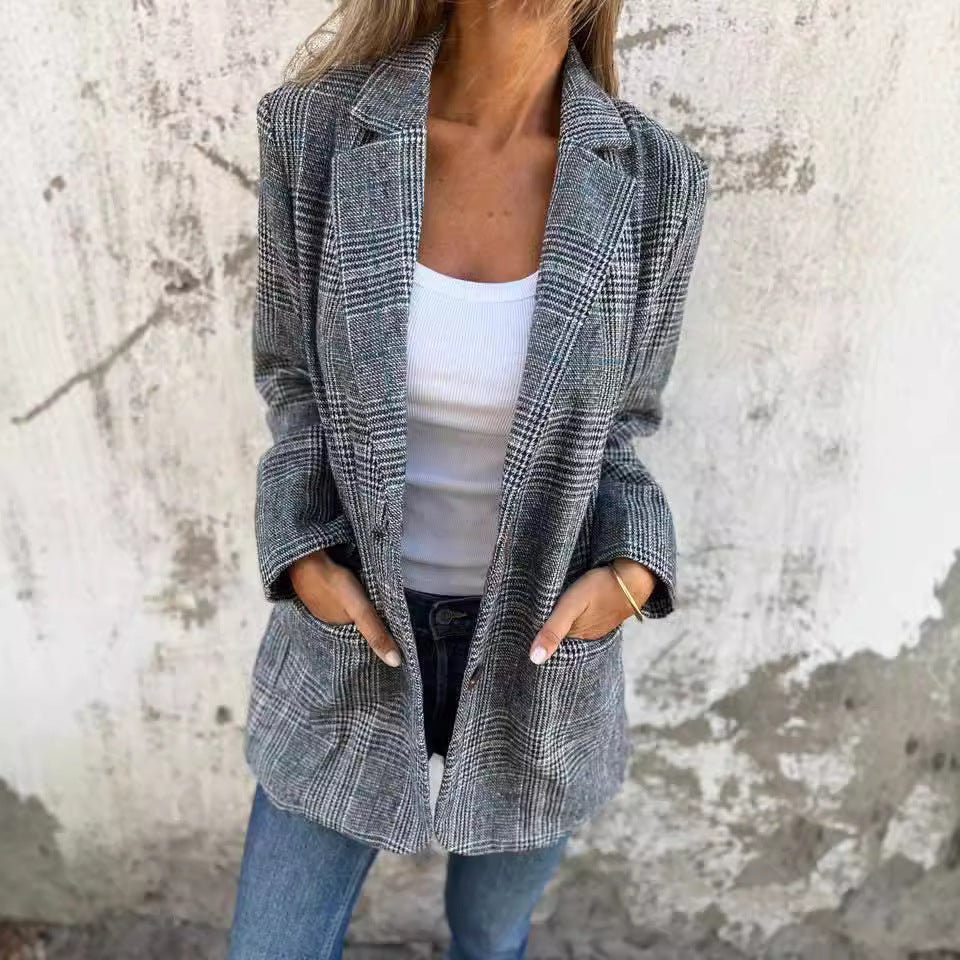 Veste de costume décontractée à motif pied - de - poule rétro pour femme - KaoKao
