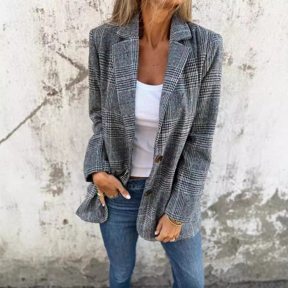 Veste de costume décontractée à motif pied - de - poule rétro pour femme - KaoKao