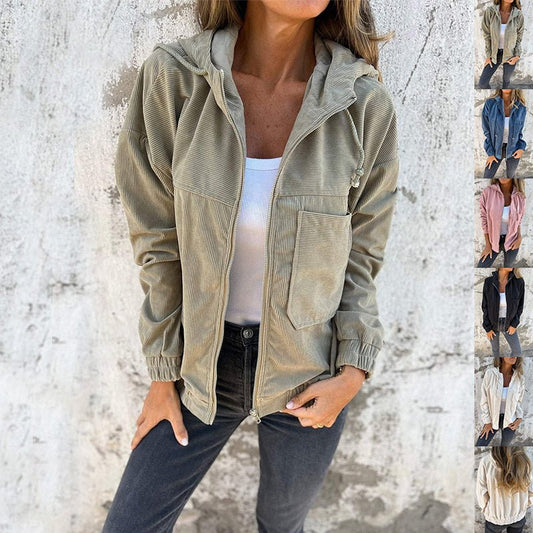 Veste zippée à capuche en velours côtelé avec poches, style décontracté, avec cordon de serrage, vêtements d'extérieur pour femmes - KaoKao